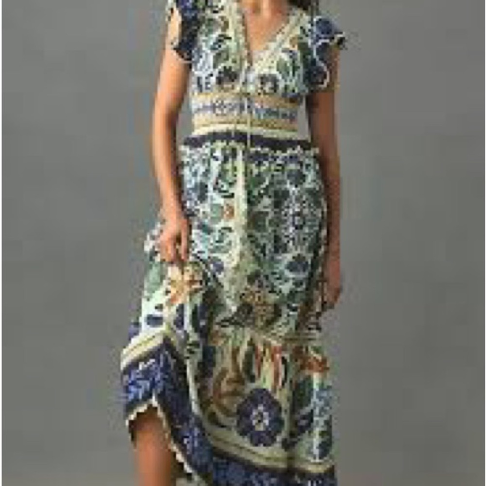 FARM Rio Blue and Green Asymmetrical Ruffled Sundress